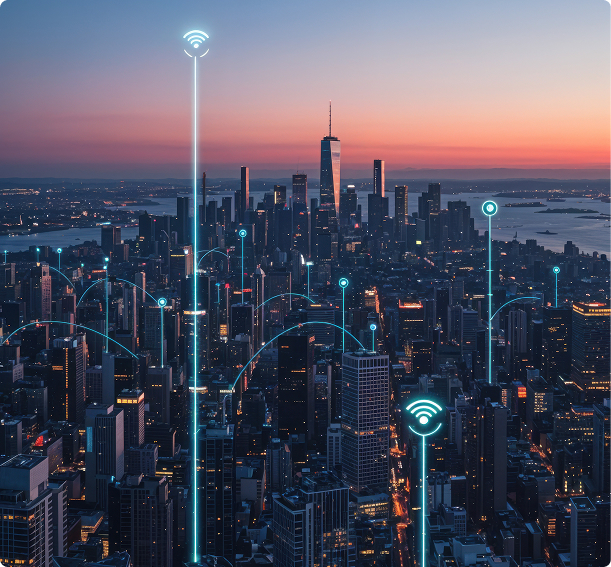Connected smart city skyline at dusk